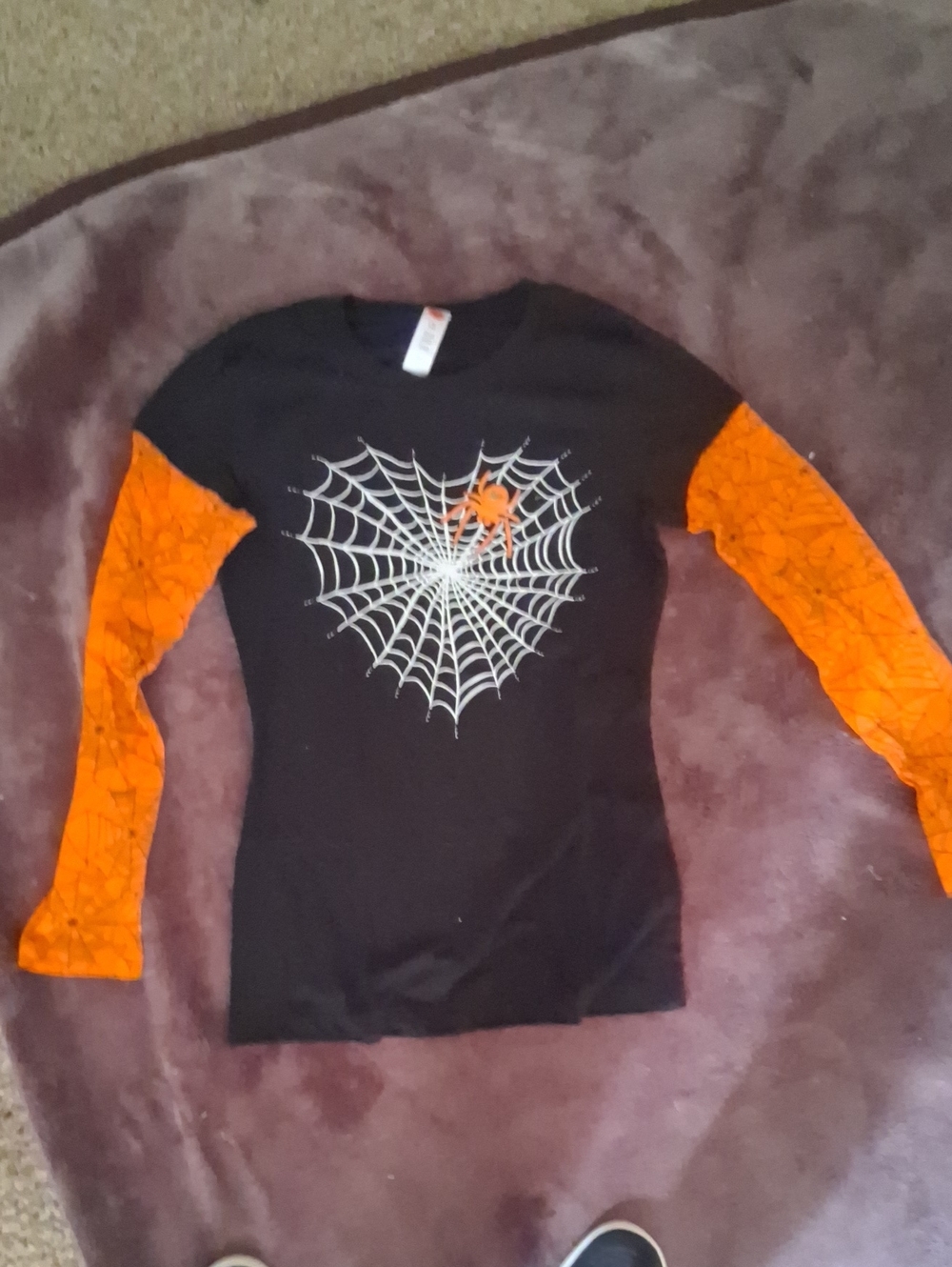 Ladies Black & Orange Spider Web Layered-Look Long Sleeve Top